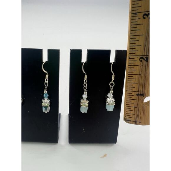 2 Pairs Handmade Earrings Turquoise Blue Crystal Dangle Sparkle New - Picture 6 of 6